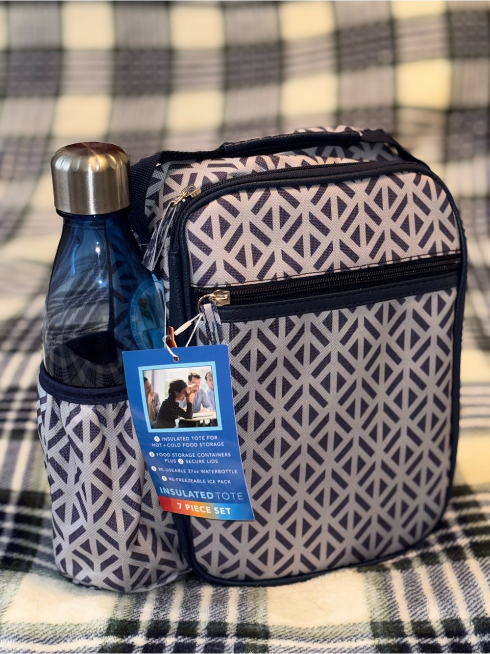 Insulated Tote Lunch Bag - Geometric Blue/Silver